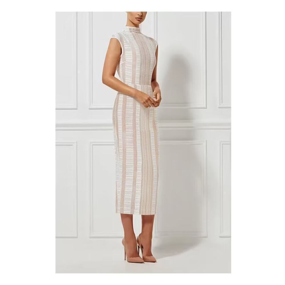 Misha Collection Milk White Beige Striped Chiara Lace Midi Dress Size Small